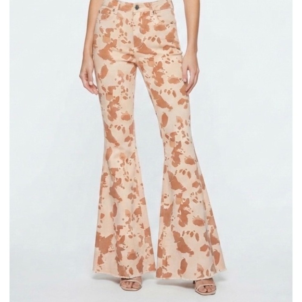 Peach Love California Cow Print Flare Jeans Tan White Western Bell Bottoms Small
